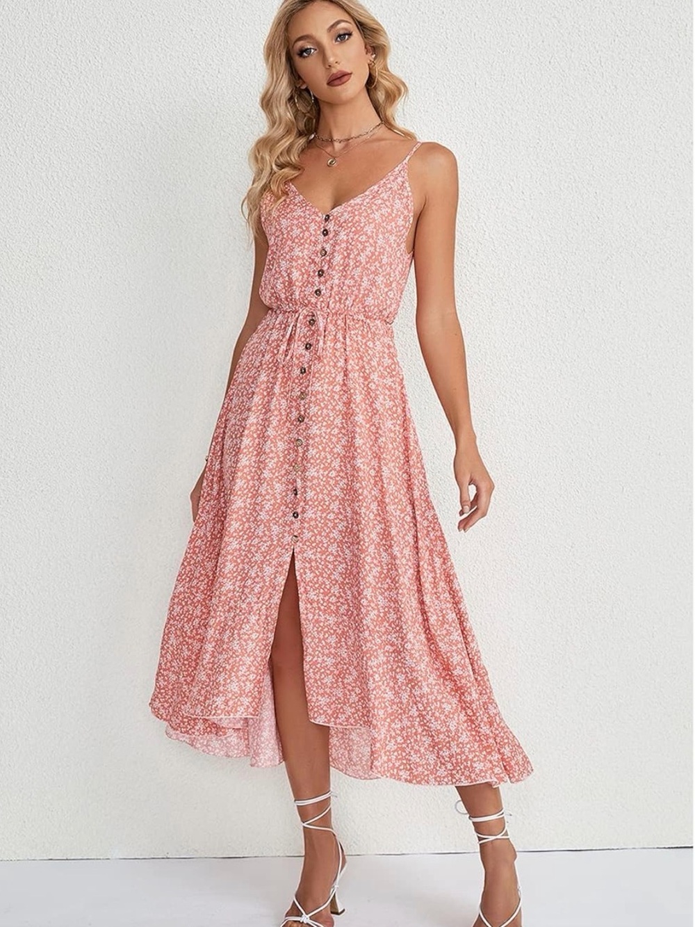 Floral Button-Front Maxi Dress in Coral
